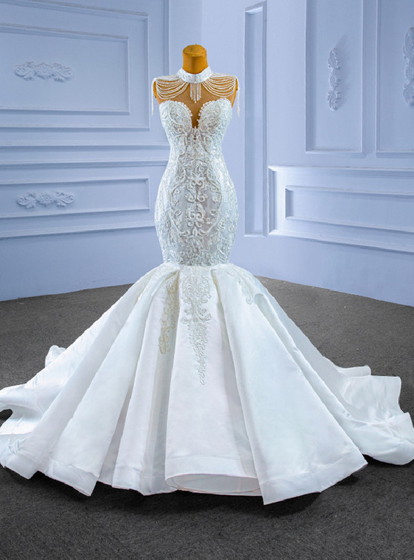 White Mermaid High Neck Lace Beading Wedding Dress