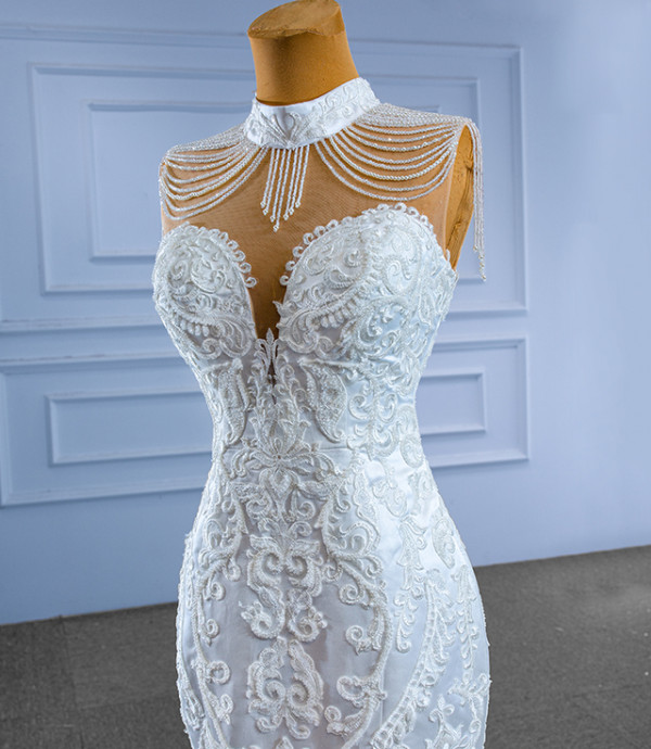 White Mermaid High Neck Lace Beading Wedding Dress