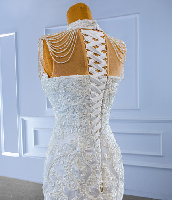 White Mermaid High Neck Lace Beading Wedding Dress