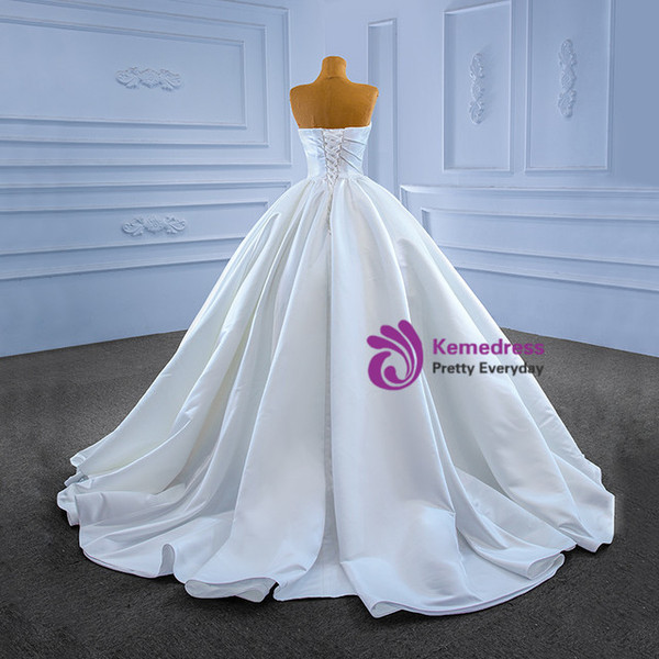 White Satin Strapless Pearls Beading Pleats Wedding Dress