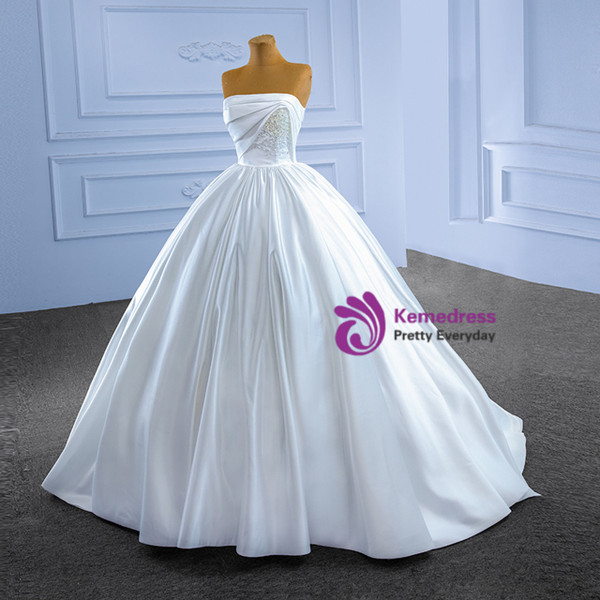 White Satin Strapless Pearls Beading Pleats Wedding Dress