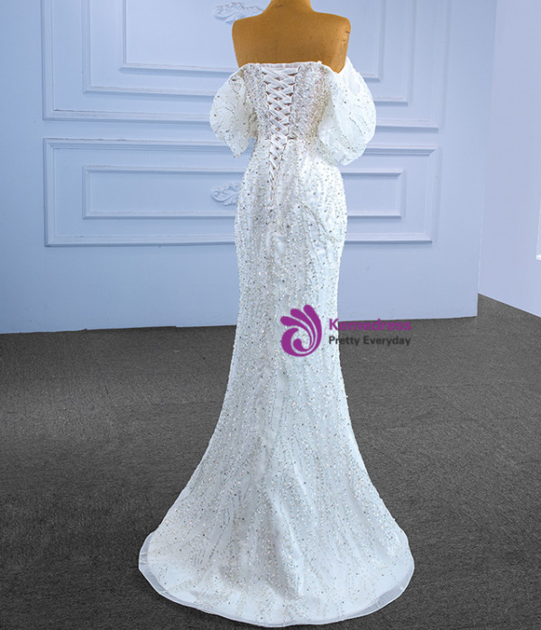 White Sequins Puff Sleeve Beading Pearls Wedding Dress With Detachable Train