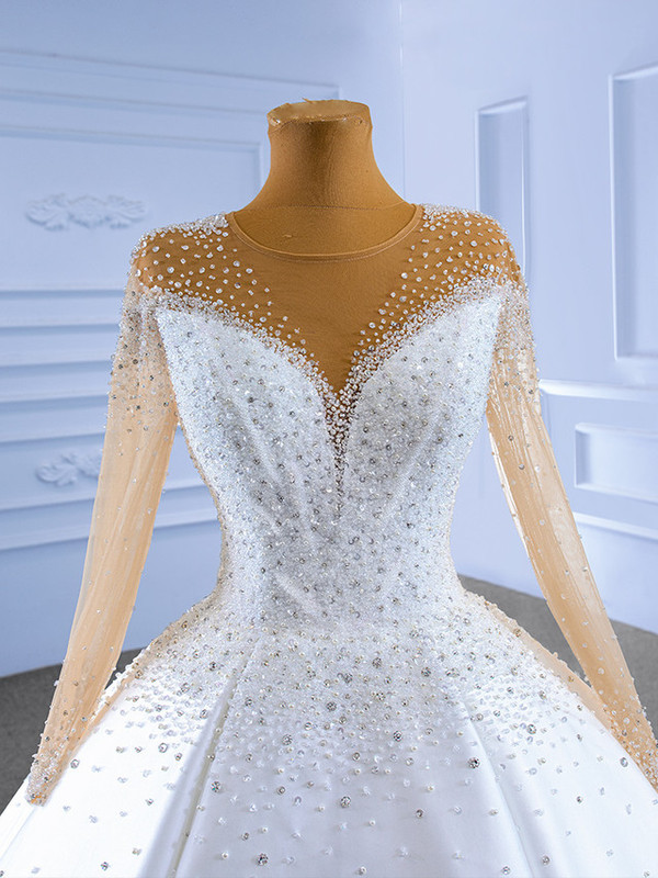 White Satin Long Sleeve Beading Sequins Wedding Dres