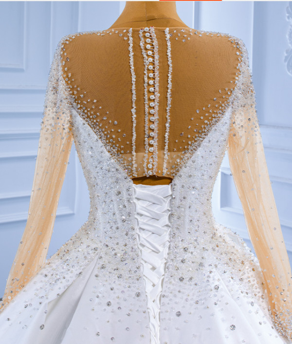 White Satin Long Sleeve Beading Sequins Wedding Dres