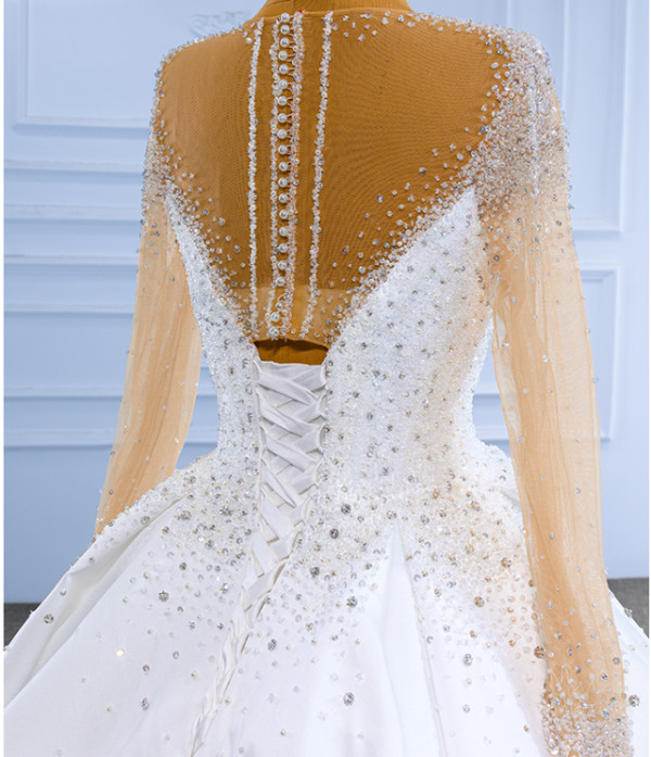 White Satin Long Sleeve Beading Sequins Wedding Dres