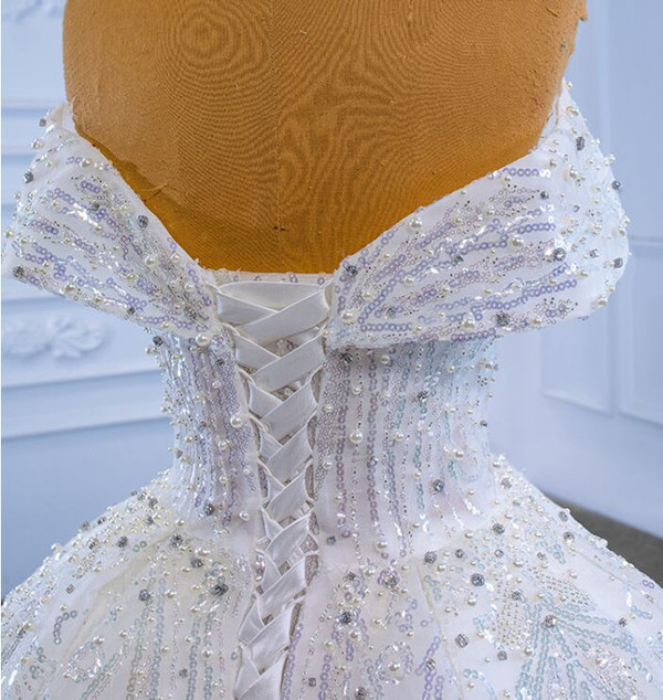 Ball Gown White Tulle Sequins Pearls Wedding Dress