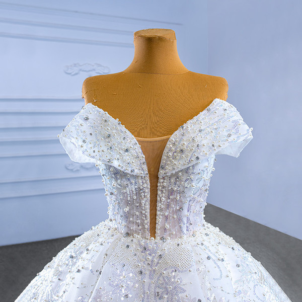 Ball Gown White Tulle Sequins Pearls Wedding Dress