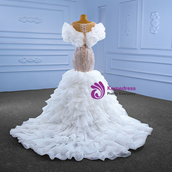 White Mermaid Tulle Sequins Beading Wedding Dress