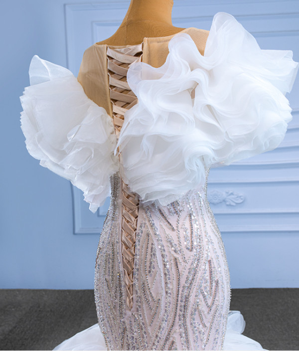 White Mermaid Tulle Sequins Beading Wedding Dress