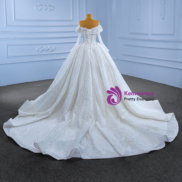 White Tulle Sequins Beading Long Sleeve Wedding Dress