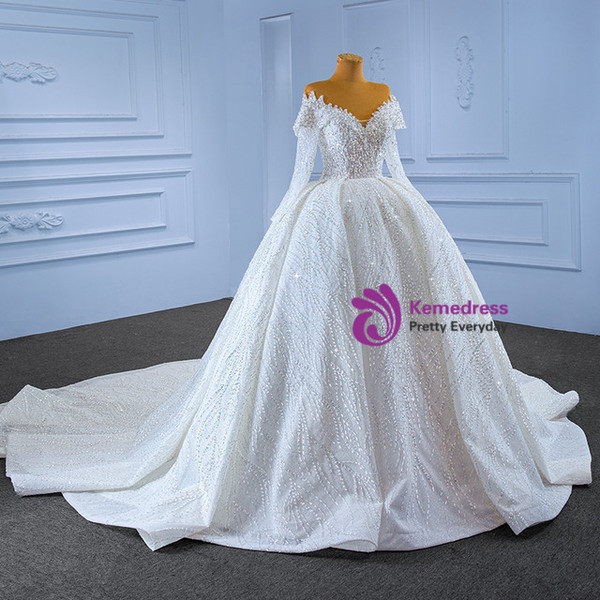 White Tulle Sequins Beading Long Sleeve Wedding Dress