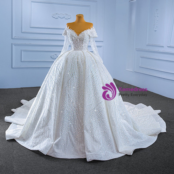 White Tulle Sequins Beading Long Sleeve Wedding Dress
