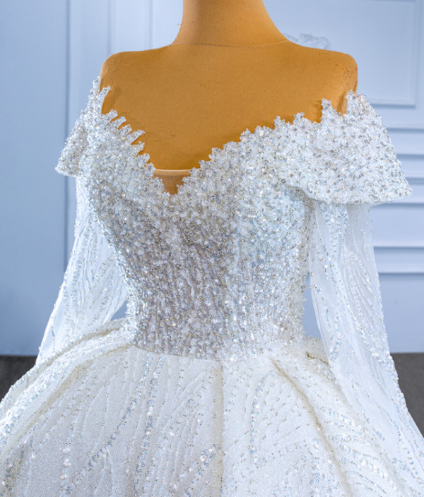 White Tulle Sequins Beading Long Sleeve Wedding Dress