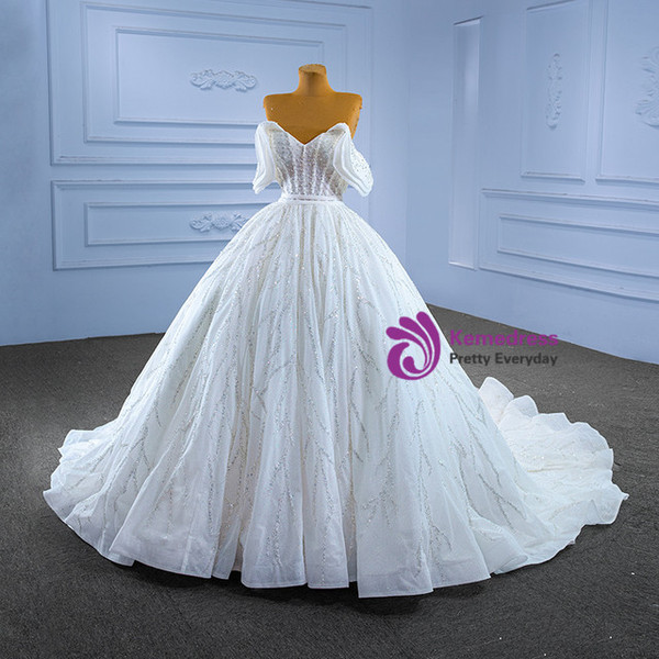 Luxury Ball Gown White Tulle Sequins Pearls Wedding Dress