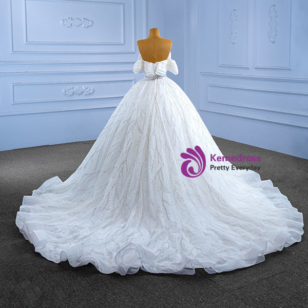 Luxury Ball Gown White Tulle Sequins Pearls Wedding Dress