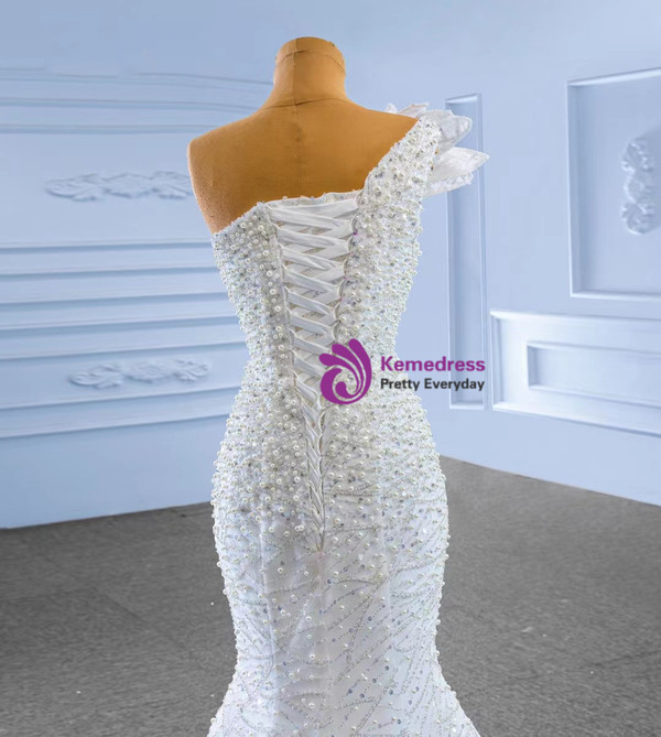 White Mermaid One Shoulder Sequins Beading Wedding Dress