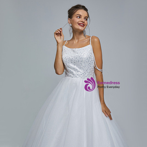 White Ball Gown Spaghetti Straps Tulle Sequins Prom Dress