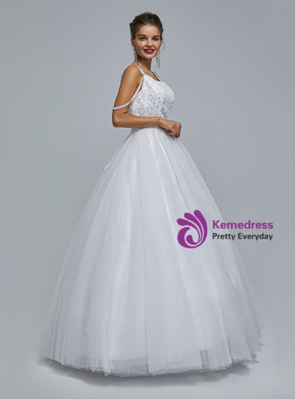 White Ball Gown Spaghetti Straps Tulle Sequins Prom Dress