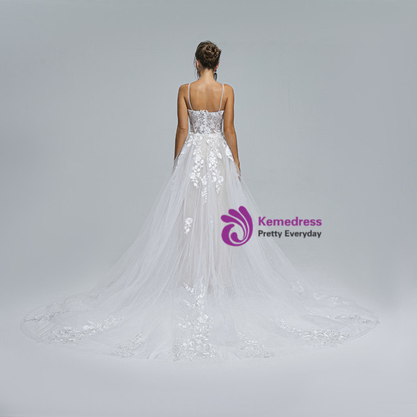 White Spaghetti Straps Lace Appliques Wedding Dress