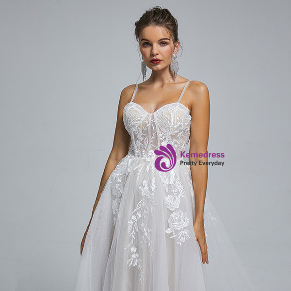 White Spaghetti Straps Lace Appliques Wedding Dress