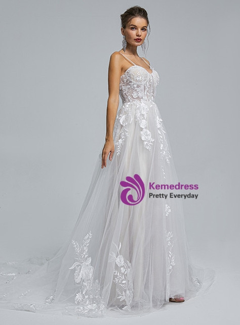 White Spaghetti Straps Lace Appliques Wedding Dress