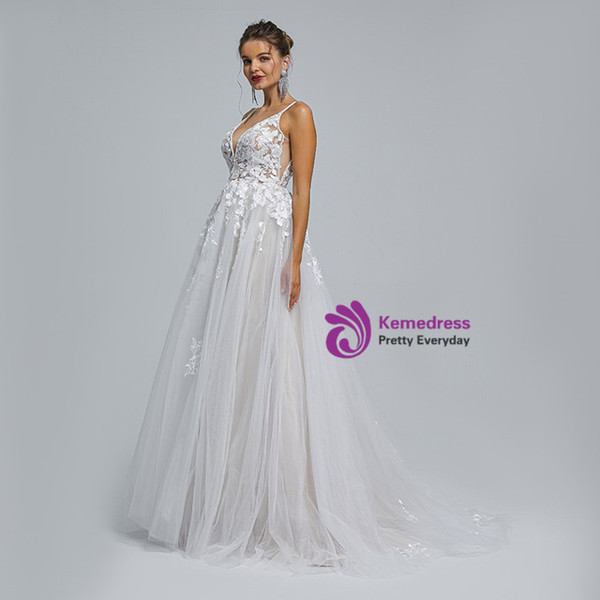 White Spaghetti Straps Backless Appliques Wedding Dress