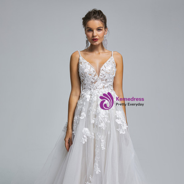 White Spaghetti Straps Backless Appliques Wedding Dress