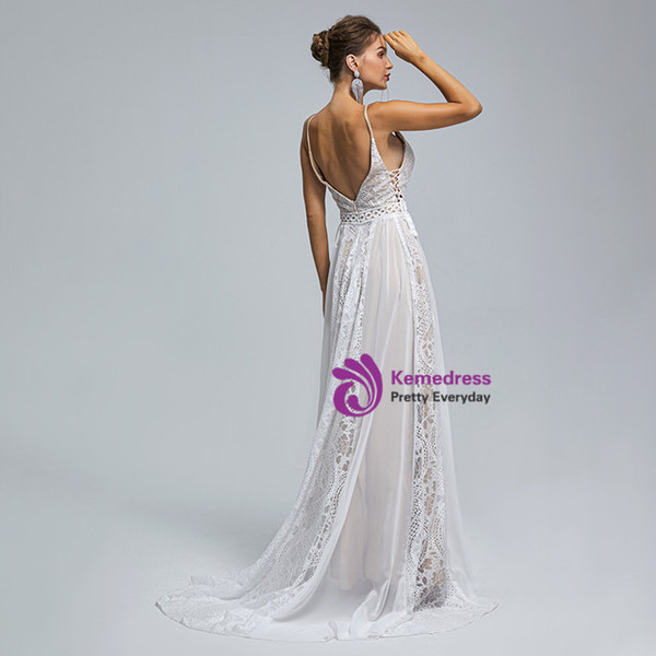 White Chiffon Lace Straps Backless Wedding Dress