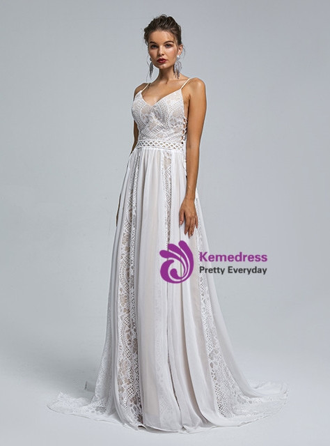 White Chiffon Lace Straps Backless Wedding Dress