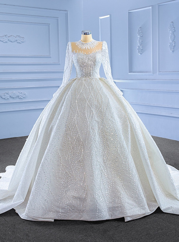Ball Gown White Sequins Tulle Long Sleeve Wedding Dress