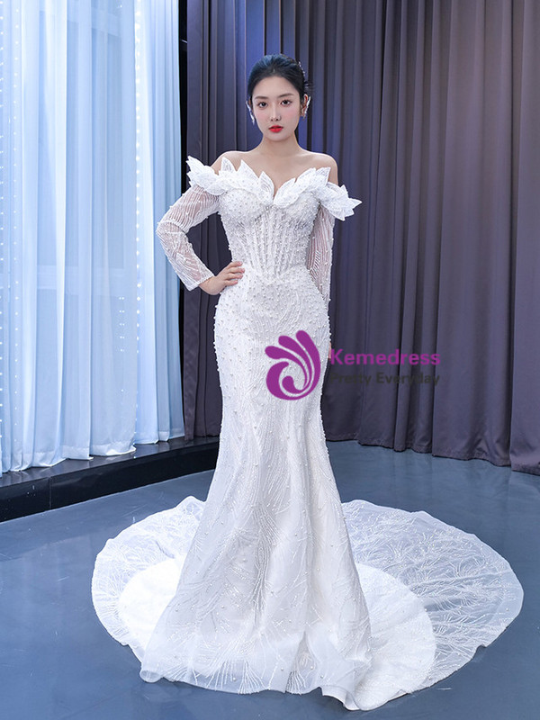 White Mermaid Sequins Pearls Long Sleeve Wedding Dress