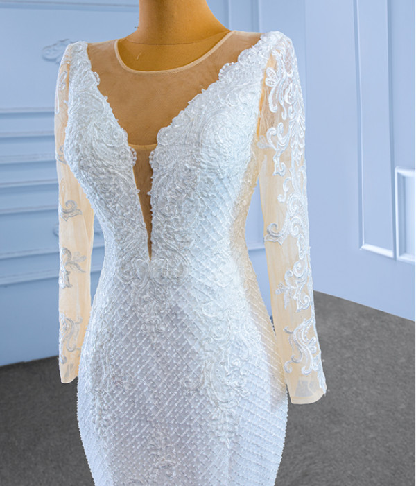 White Mermaid Lace Long Sleeve Wedding Dress
