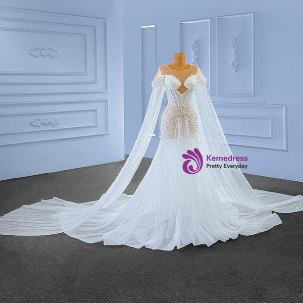 White See Through Tulle Pleats Pearls Wedding Dress