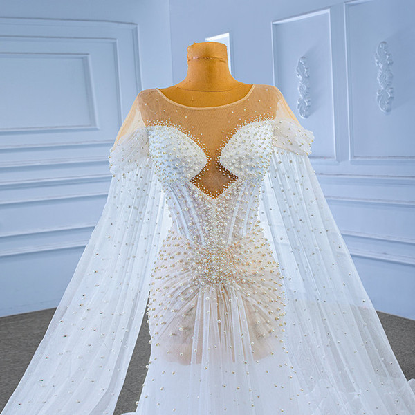 White See Through Tulle Pleats Pearls Wedding Dress