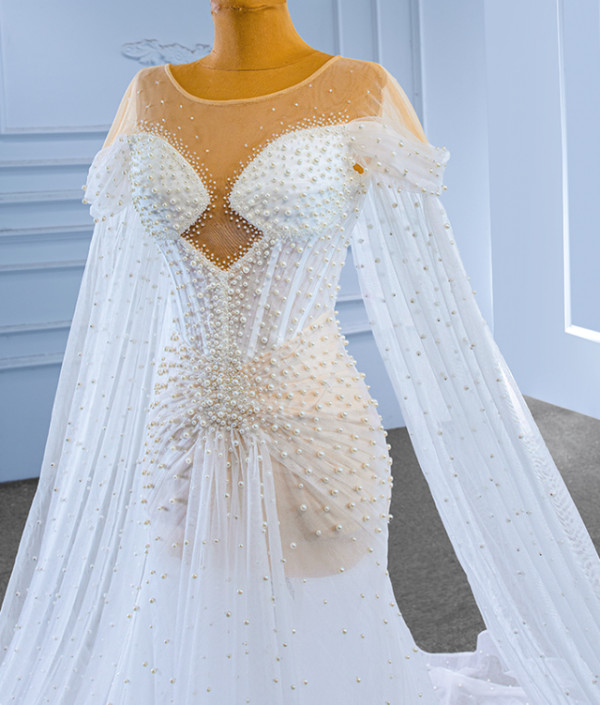 White See Through Tulle Pleats Pearls Wedding Dress