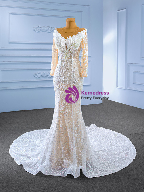 White Mermaid Long Sleeve Sequins Beading Pearls Wedding Dress