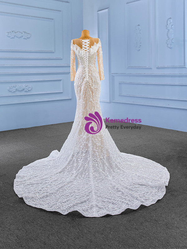 White Mermaid Long Sleeve Sequins Beading Pearls Wedding Dress
