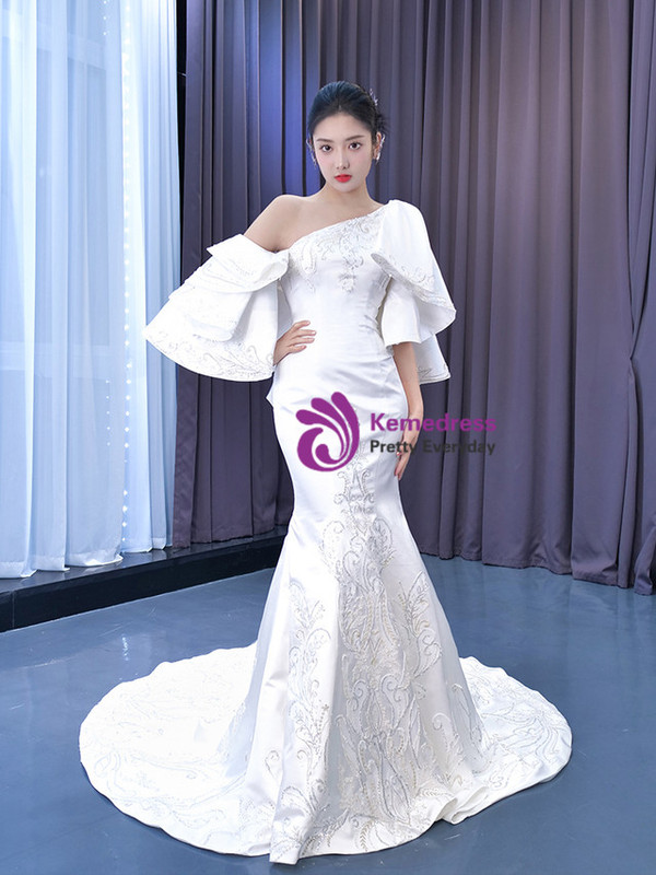 White Mermaid One Shoulder Satin Sequins Wedding Dress
