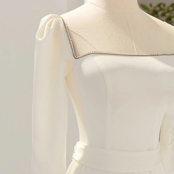 Ivory Satin Long Sleeve Square Neck Beading Wedding Dress