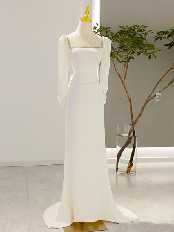 Ivory Satin Long Sleeve Square Neck Beading Wedding Dress