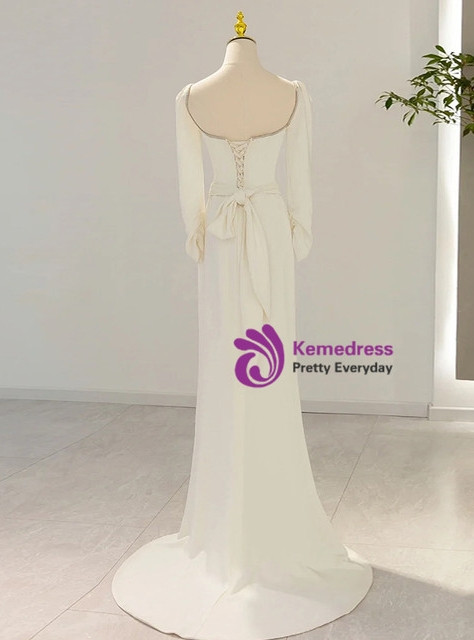 Ivory Satin Long Sleeve Square Neck Beading Wedding Dress