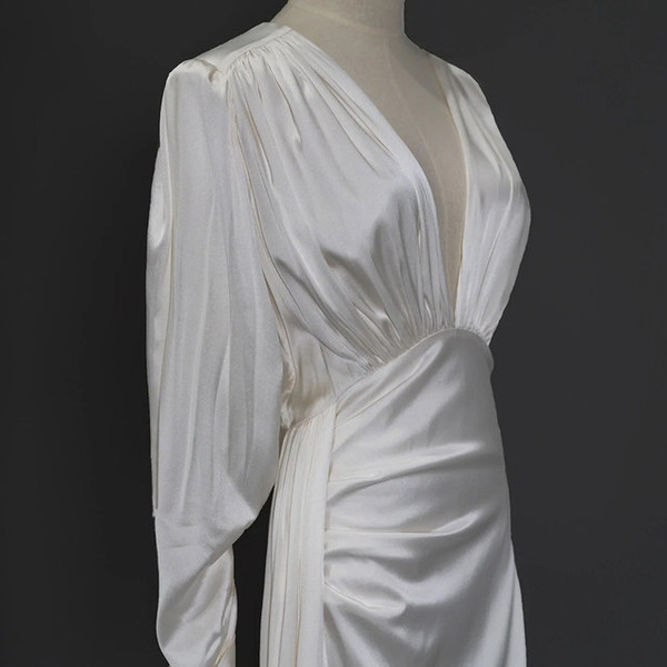 White Satin Long Sleeve Pleats Split Wedding Dress