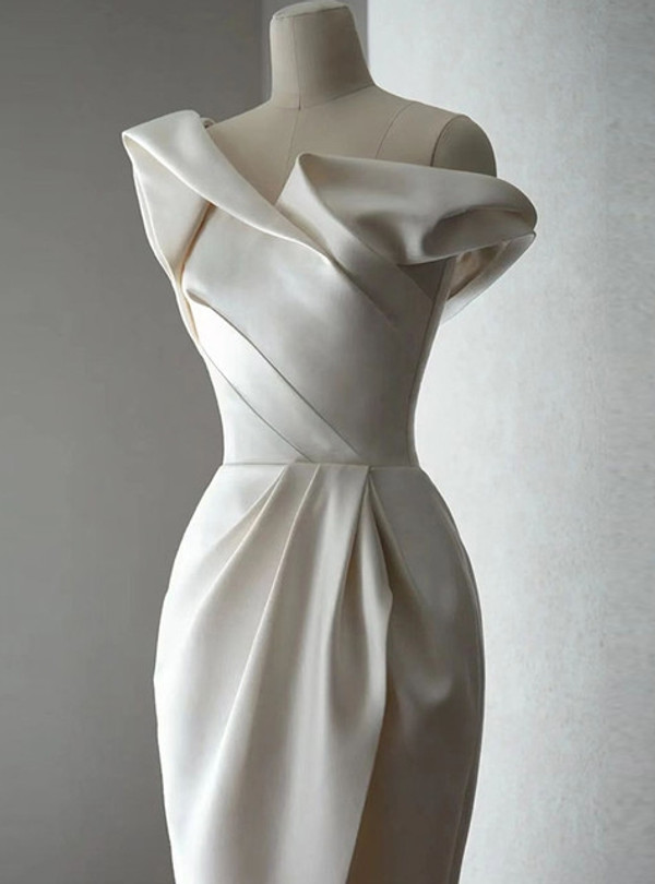 Ivory Satin Off the Shoulder Pleats Split Wedding Dress
