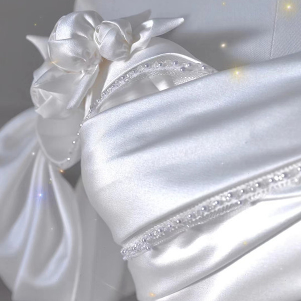 White Satin Off the Shoulder Pleats Beading Wedding Dress