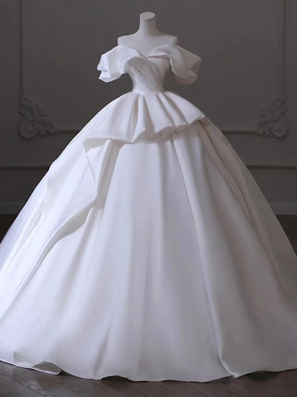 White Ball Gown Satin Off the Shoulder Wedding Dress