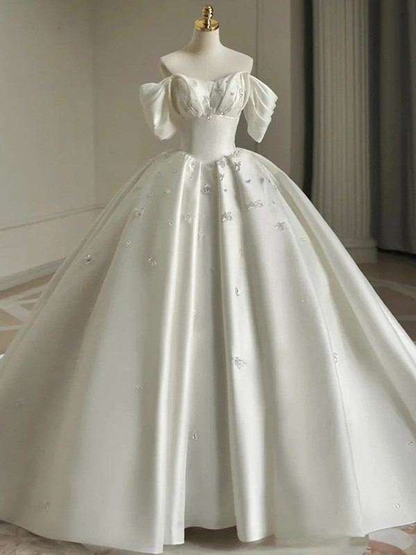 Ball Gown White Satin Off the Shoulder Crystal Wedding Dress