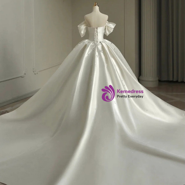 Ball Gown White Satin Off the Shoulder Crystal Wedding Dress
