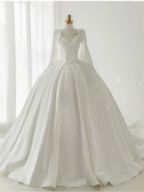 Ball Gown White Satin Pleats Pearls Wedding Dress