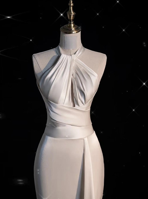 White Halter Mermaid Satin Backless Wedding Dress