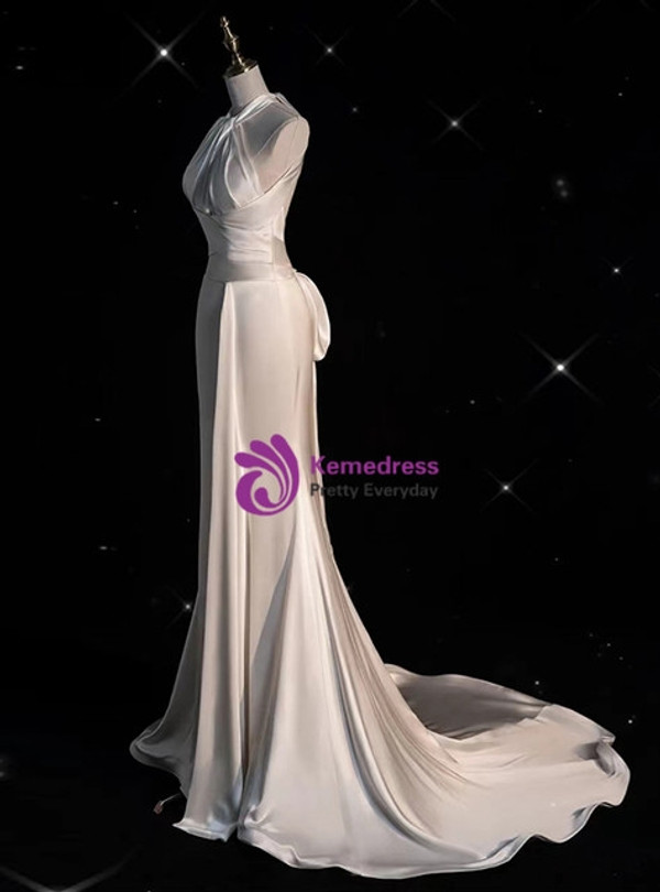 White Halter Mermaid Satin Backless Wedding Dress